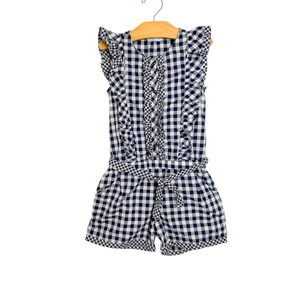Mayoral Girls Navy Blue Gingham Ruffle Romper Size 7 122cm